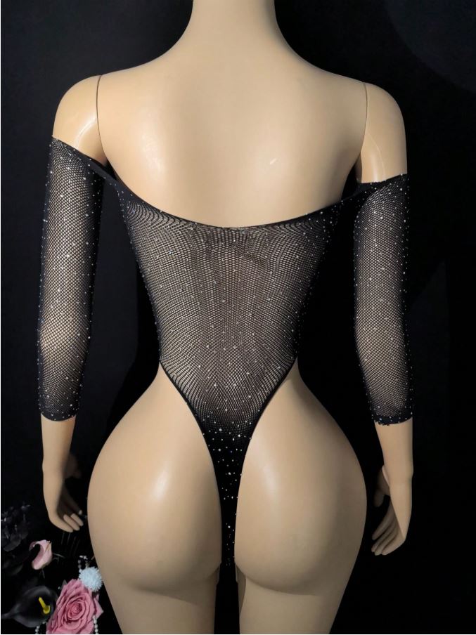 Sparkling Rhinestone Long Sleeve One Piece Lingerie Bodysuit
