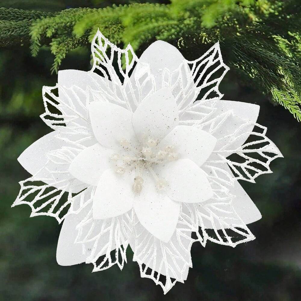 10pcs Glitter Poinsettia Ornaments with Clips & Stems, Sparkling Artificial Christmas Décor for Trees & Wreaths