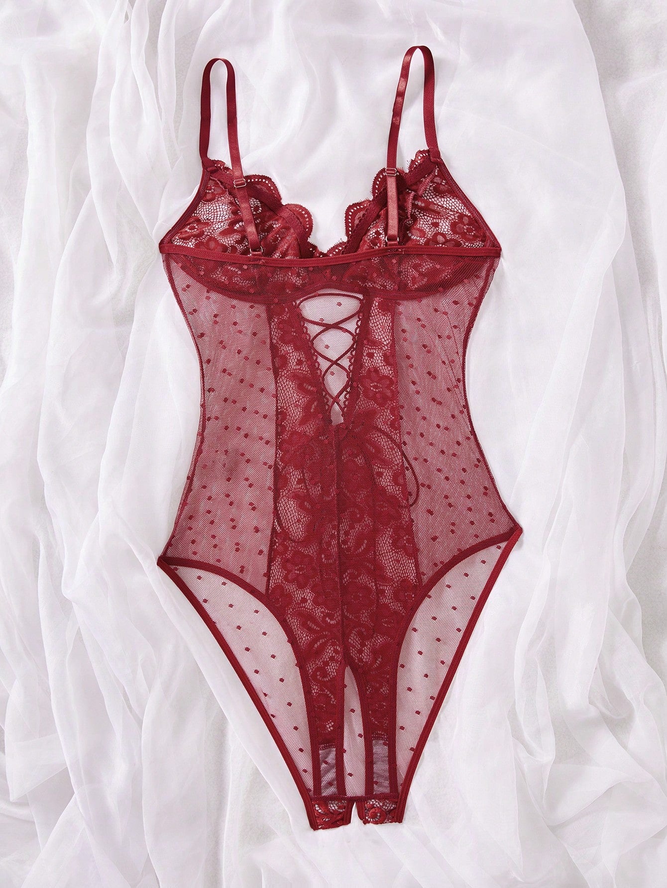Women Contrast Lace And Mesh Bodysuit With One-Piece Construction, Layered Fabric Design, Lightweight And Flexible Fit, Clean Silhouette, Suitable For General Wear And Outfit Styling