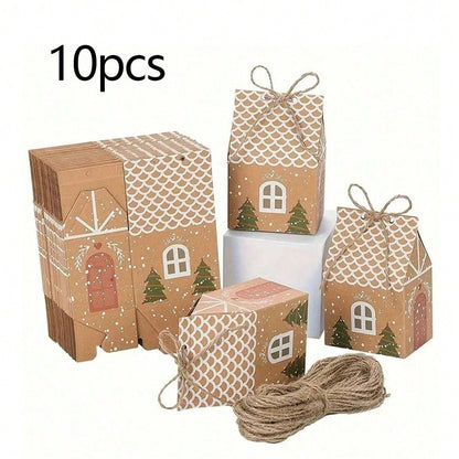 10pcs Kraft Paper Christmas House Gift Boxes, Decorative Packaging Boxes for Holiday Presents, Souvenirs, and Christmas Party Favors