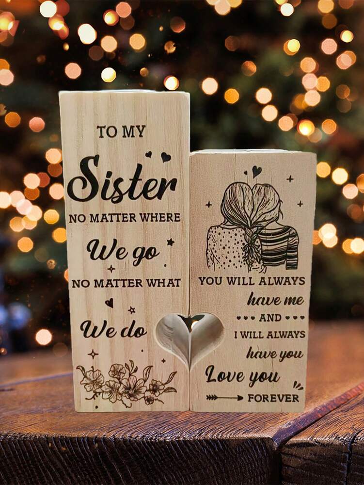 Heart-Shaped Candle Holder with Engraved Sister Message, Decorative Sentimental Ornament (Candle Not Included)