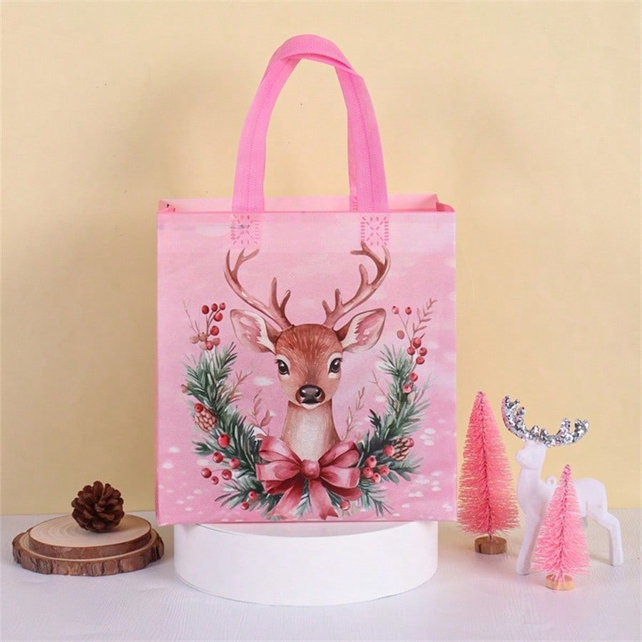 8pcs Pink Christmas Tote Bags with Handles, Reusable Non-Woven Gift Bags with Santa, Elk & Bell Prints for Holiday Packaging & Festive Decor