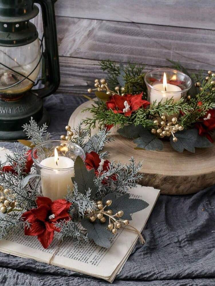 Christmas Candle Ring Holder with Red Flowers, Gold Berries & Greenery, Holiday Table Centerpiece