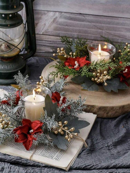 Christmas Candle Ring Holder with Red Flowers, Gold Berries & Greenery, Holiday Table Centerpiece