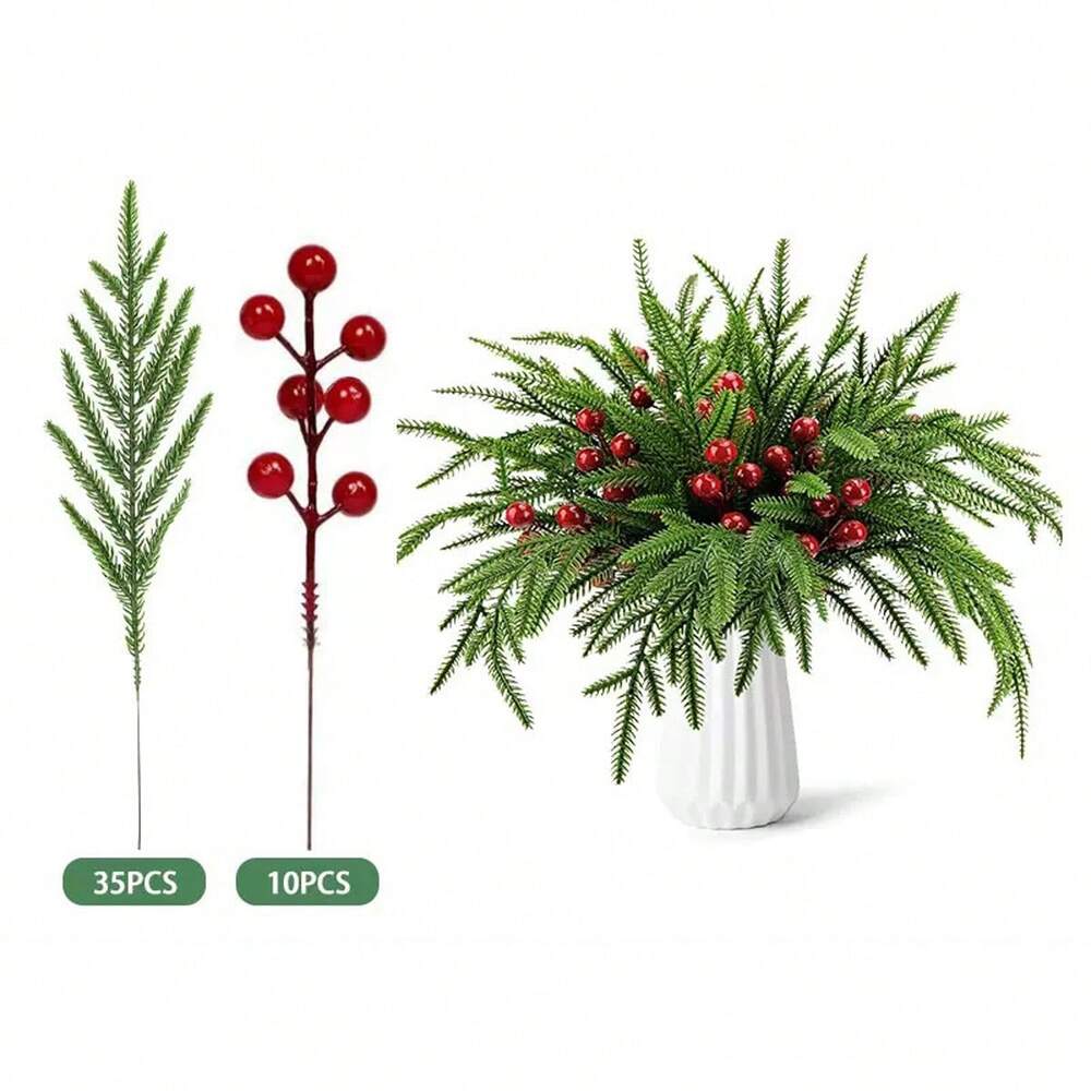 Artificial Pine Branches with Red Berries (2/10pcs), 14-Inch Realistic Greenery for Christmas Wreaths, Canes, Vases, and Holiday Tree Decorations