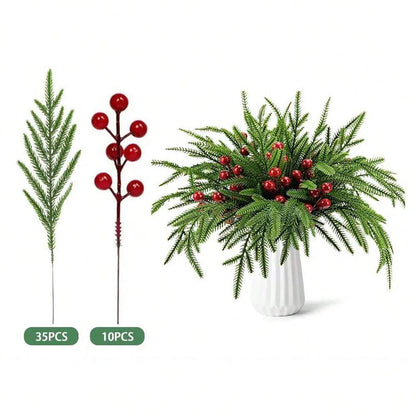 Artificial Pine Branches with Red Berries (2/10pcs), 14-Inch Realistic Greenery for Christmas Wreaths, Canes, Vases, and Holiday Tree Decorations