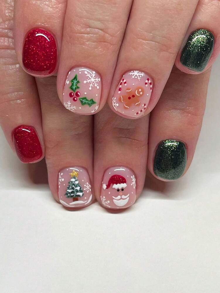 24pcs Red Glitter Christmas Press On Nails, Short Square Bling False Nails With Cute Elk Grid Design, Festive Nail Set Gift For Women Party Wear