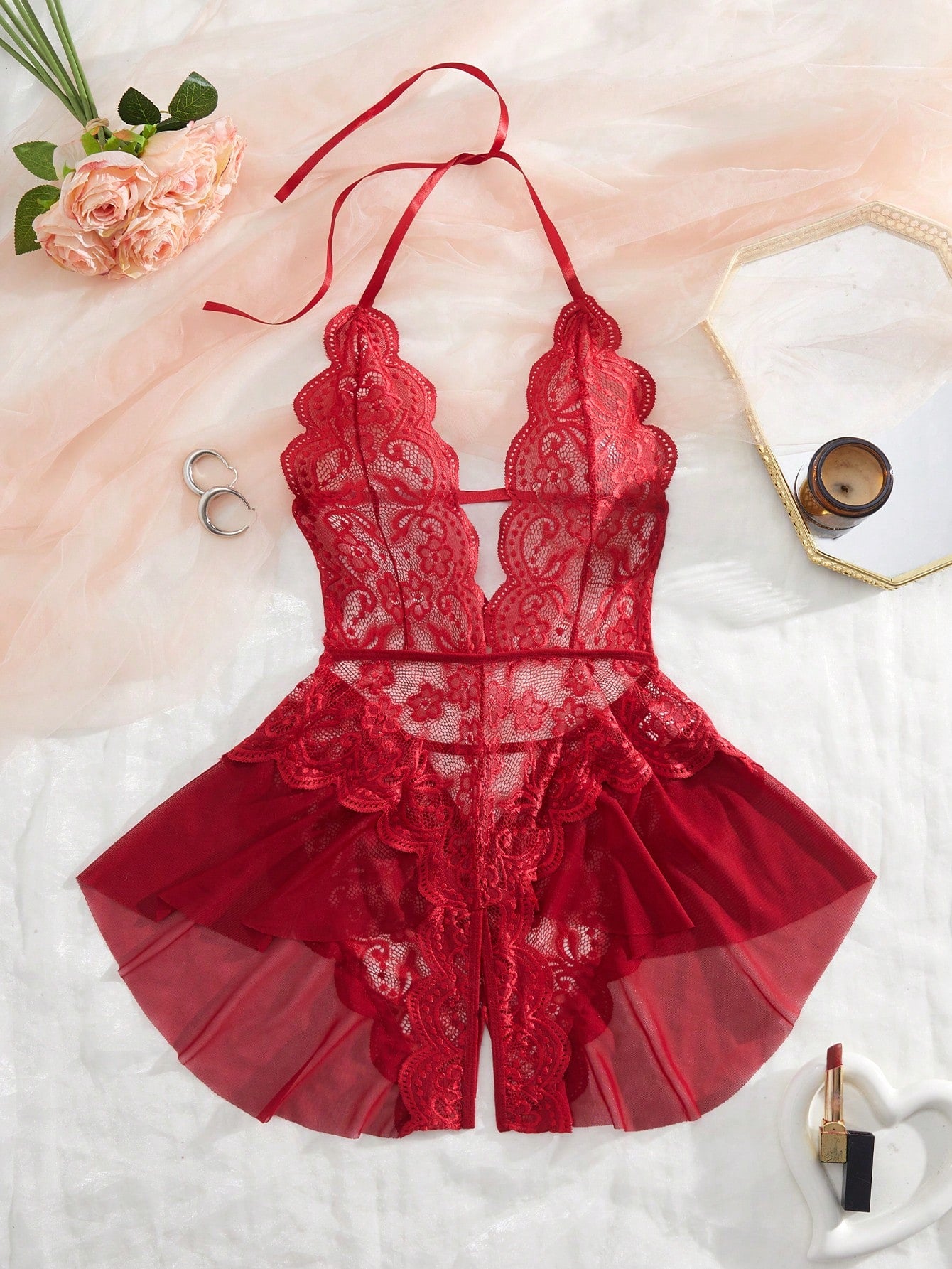 Women's Open Crotch Lace Decorated Backless Halter Neck Sexy Bodysuit With Ruffle Trim, Rave, Baddie Look