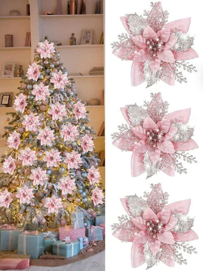 10pcs Blue Poinsettia Christmas Tree Flowers, 5.7" Artificial Holiday Ornaments, Reusable Feather-Free Floral Decorations for Xmas Trees & Home Décor