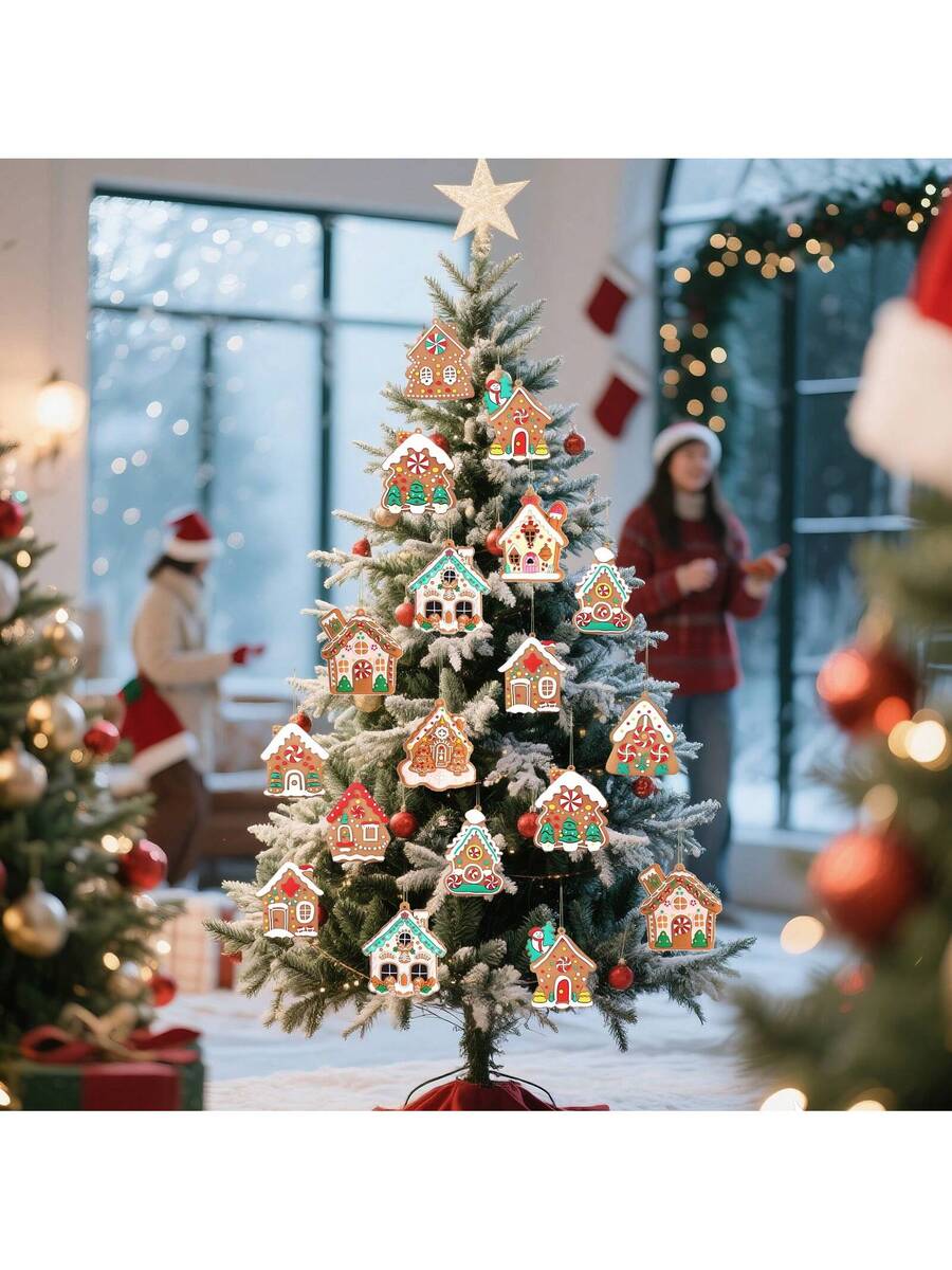 12pcs Gingerbread House Hanging Ornaments, Cute Christmas Tree Decorations for Home, Parties, and Holiday Gift Giving