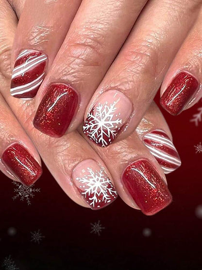 24pcs Short Square Christmas Press On Nails, Cute Snowman And Red Glitter French Tips, Jelly Gel & File Included, Holiday Nail Set For Women