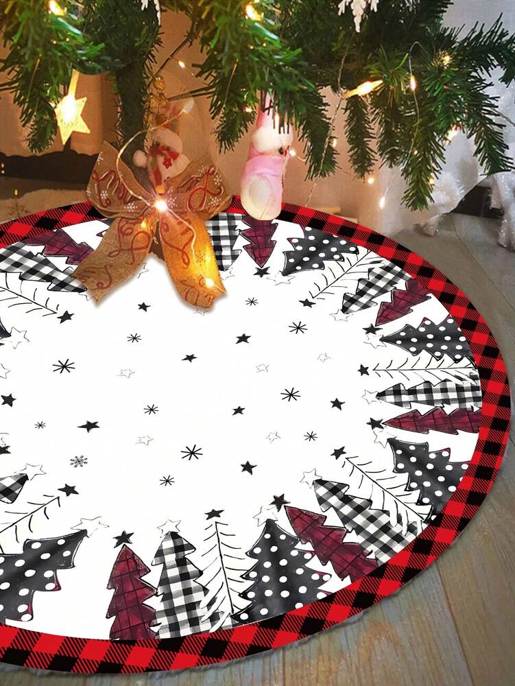 Red & Black Plaid Christmas Tree Skirt, Snowflake Pattern Round Tree Mat, Soft Decorative Base Cover for Living Room & Winter Holiday Home Decor