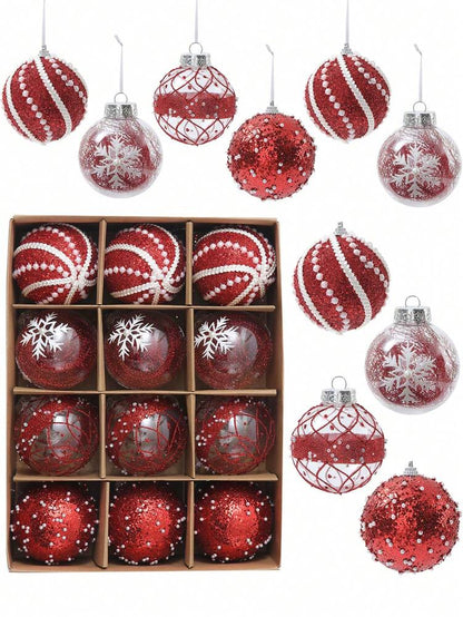 12pcs Clear Pink Christmas Ball Ornaments, 3.15-Inch Shatterproof Decorative Tree Baubles, Elegant Rustic Hanging Decorations for Holiday Parties