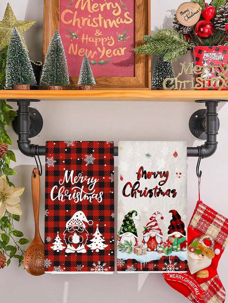 2pcs Christmas Gnome Hand Towels, Red & Black Plaid Microfiber Kitchen & Bathroom Towels, Soft Absorbent Holiday Home Decor