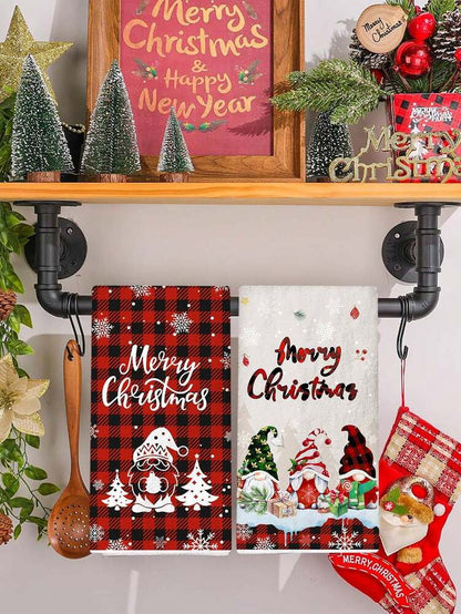 2pcs Christmas Gnome Hand Towels, Red & Black Plaid Microfiber Kitchen & Bathroom Towels, Soft Absorbent Holiday Home Decor