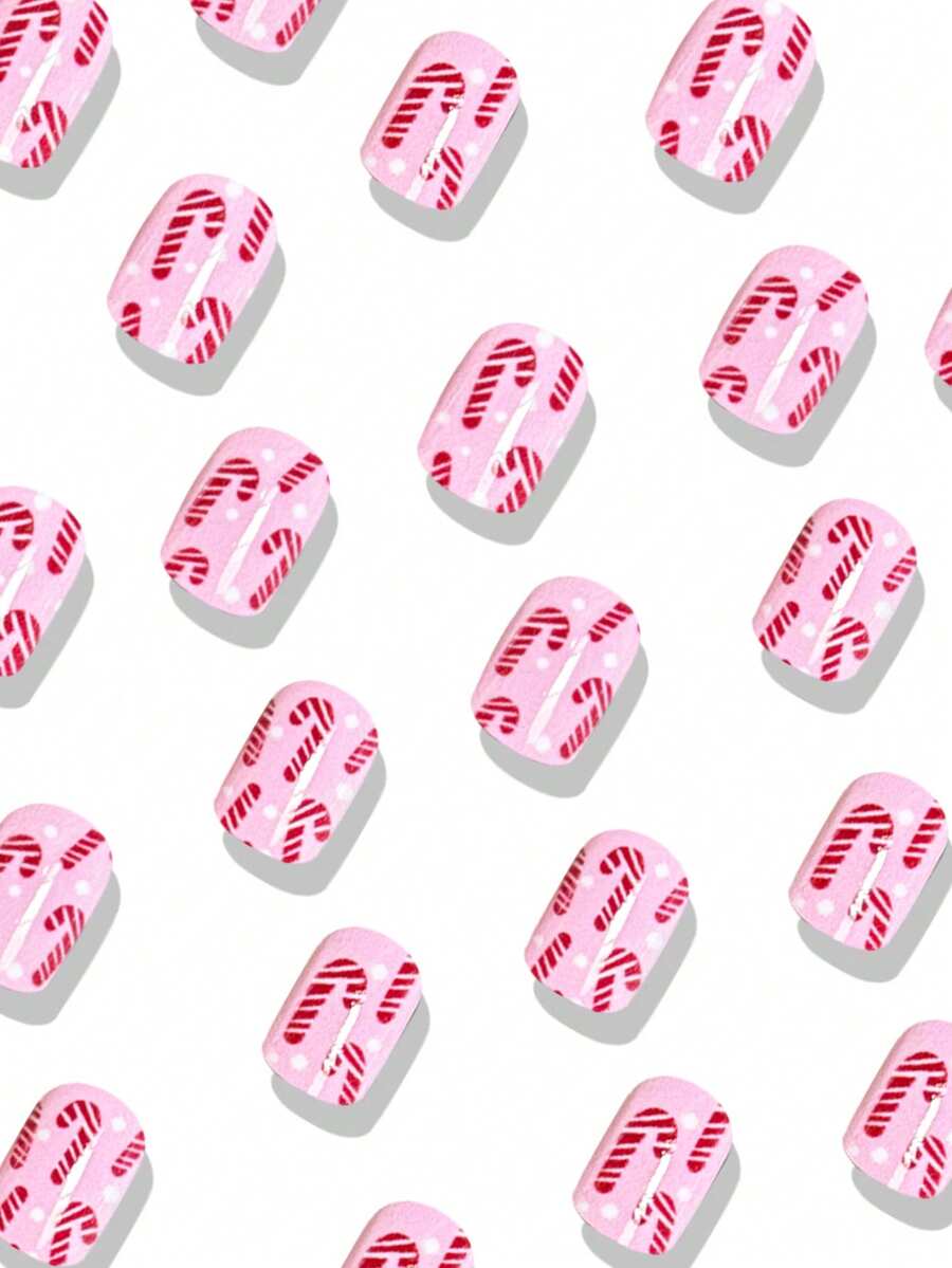 24pcs Short Press On Nails, Red And Green Candy Cane Christmas Design, False Nails For Women, Easy To Apply Holiday Nail Supplies