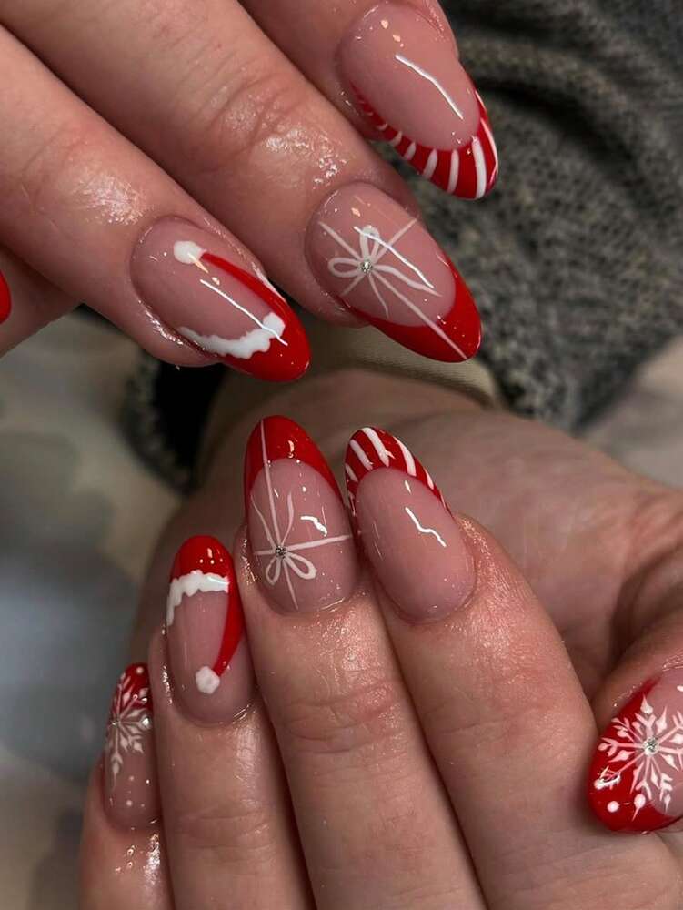 Christmas Long Almond Press On Nails 24pcs, Red French Tips With White Snowflakes And Santa Hat Design, Acrylic False Nails Set For Holiday Or Party