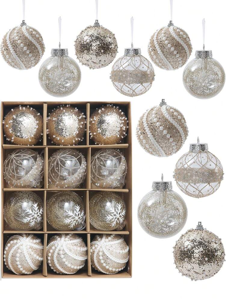 12pcs Clear Pink Christmas Ball Ornaments, 3.15-Inch Shatterproof Decorative Tree Baubles, Elegant Rustic Hanging Decorations for Holiday Parties
