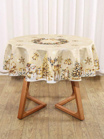 Festive Christmas Tablecloth with Snowman & Reindeer Wreath Design, Polyester Winter Table Cover for Dining Room & Kitchen Holiday Decor