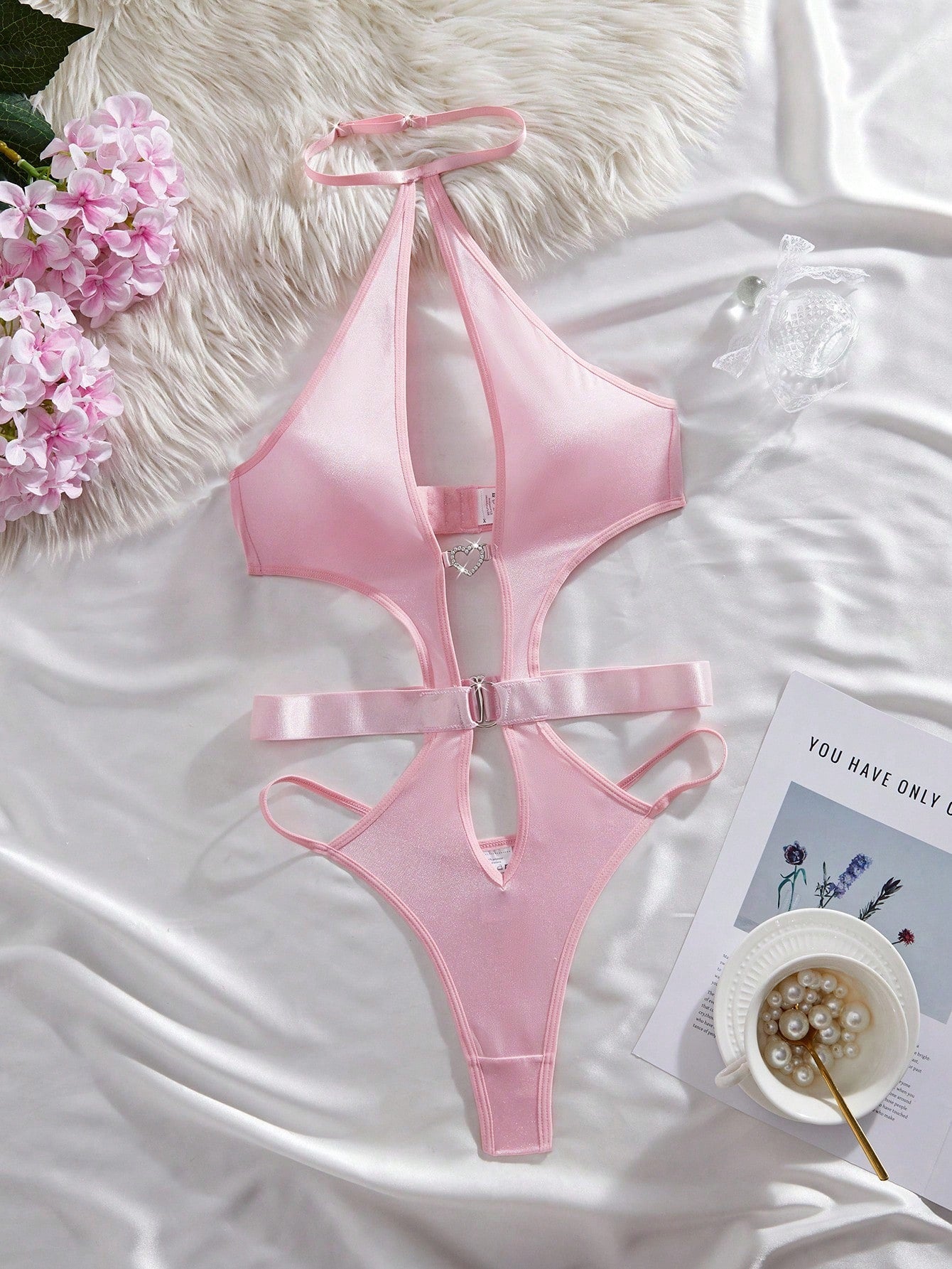 Pink Backless Halter Rhinestone Decor Wireless Sexy Bodysuit For Women