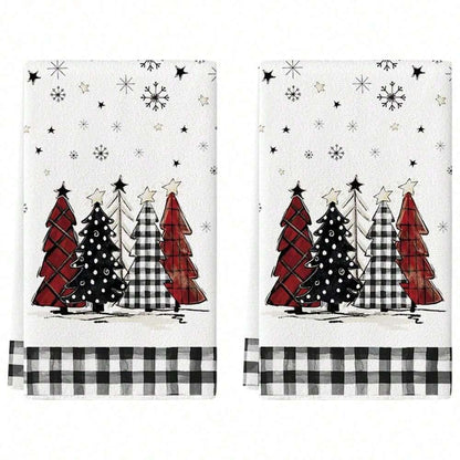 2pcs Buffalo Plaid Christmas Kitchen Towels, Santa & Tree Themed Cotton Dish Towels for Seasonal Cooking, Baking & Holiday Home Decor