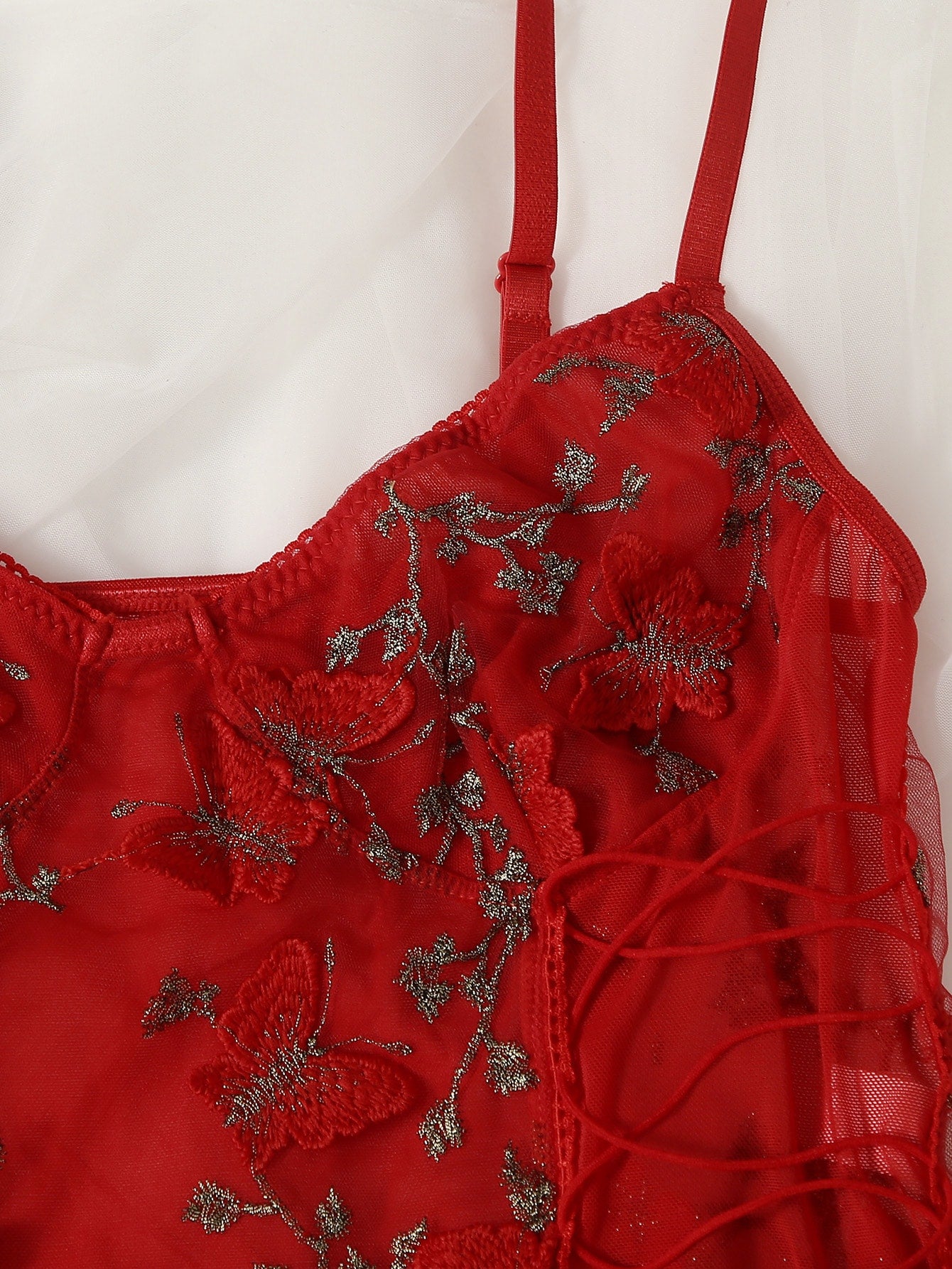 Butterfly Embroidered Mesh Teddy Bodysuit Lingerie