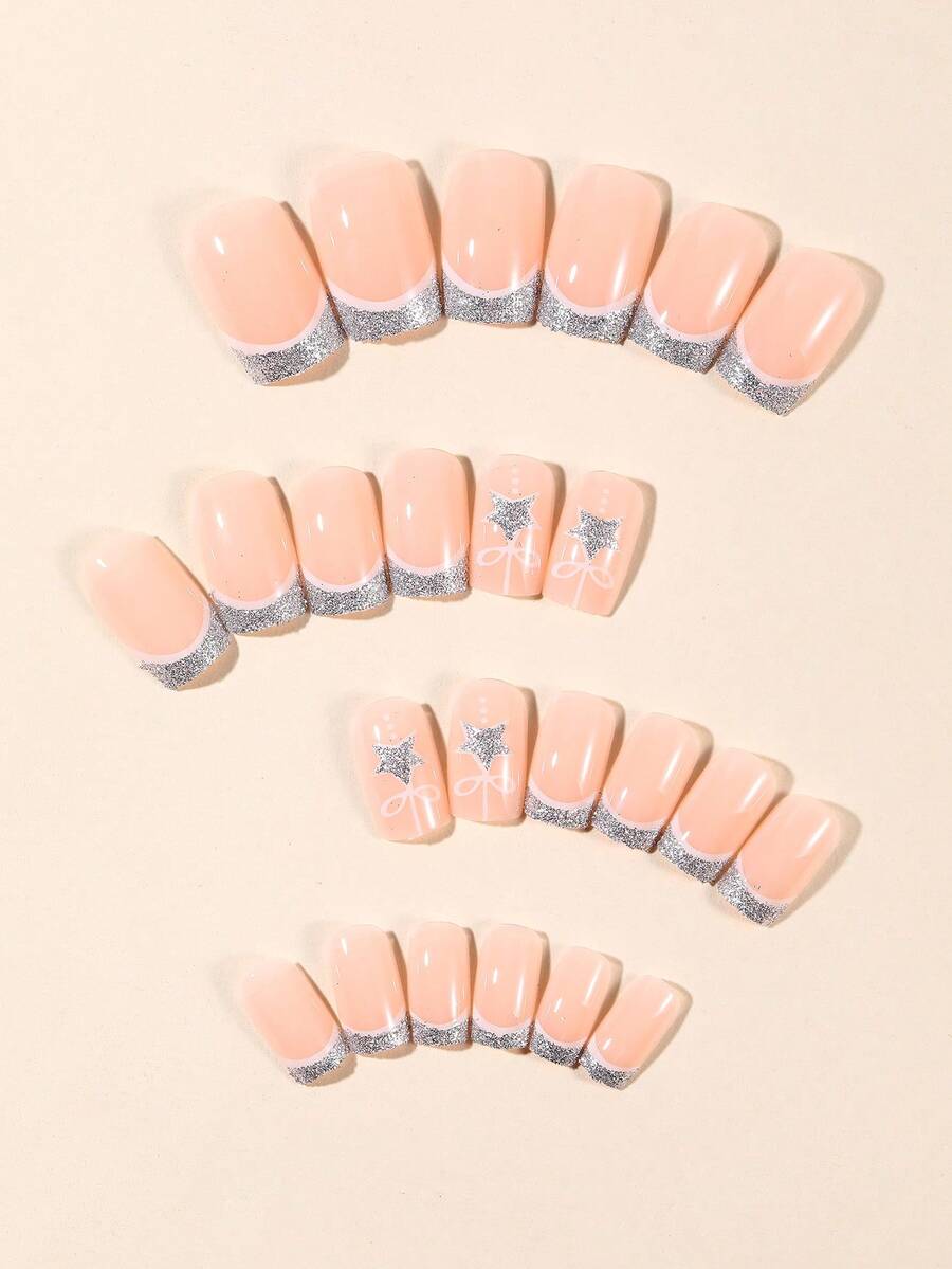 24pcs Short Square Champagne Glitter Christmas Press On Nails, Snowflake Full Cover Holiday False Nails For Women Nail Art Supplies