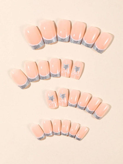 24pcs Short Square Champagne Glitter Christmas Press On Nails, Snowflake Full Cover Holiday False Nails For Women Nail Art Supplies