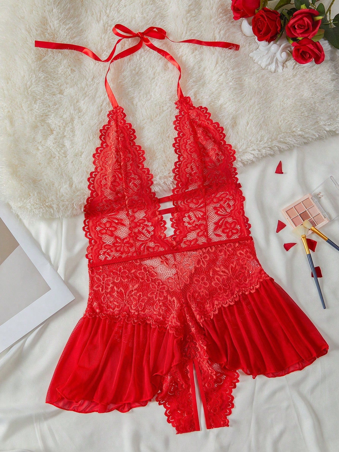 Floral Lace Scallop Trim Halter Teddy Bodysuit Lingerie