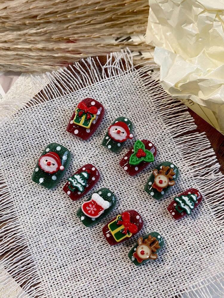 10pcs Short Square Christmas Press On Nails, Red And Green Design With 3D Holiday Charms, Acrylic Nail Set For Women Wedding Or Festival Wear