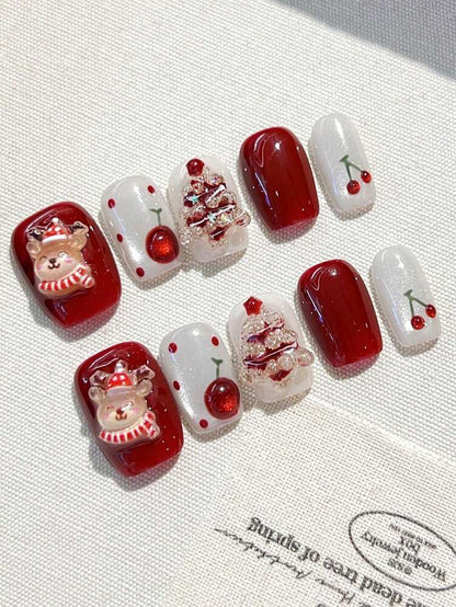10pcs Handmade Christmas Press On Nails, Short Nails With Tree Reindeer And Cherry Decorations, Acrylic Nail Set For Women Holiday Gift