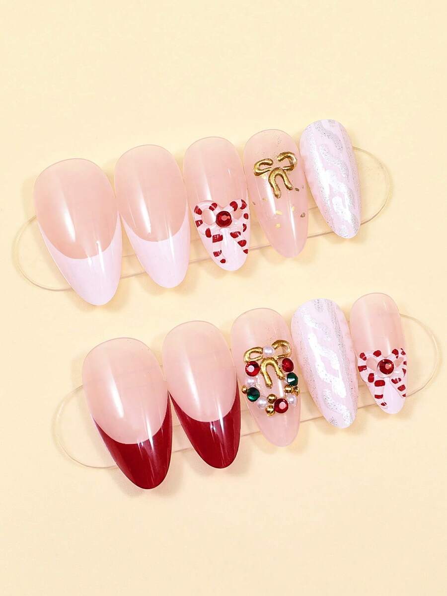 24pcs Red Glitter Christmas Press On Nails, Short Square Bling False Nails With Cute Elk Grid Design, Festive Nail Set Gift For Women Party Wear