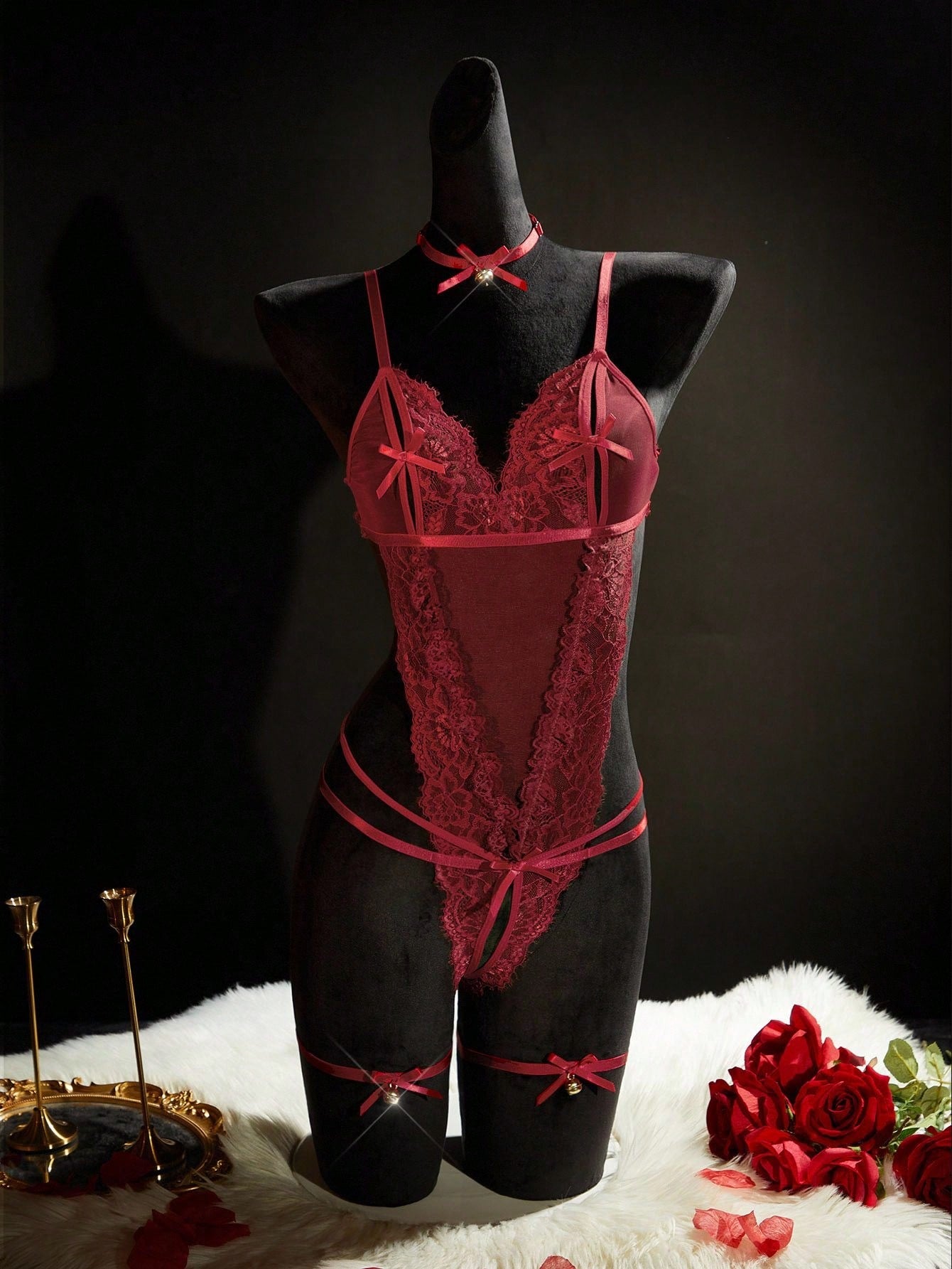 Black Delicate Lace And Fabric Ultra Sexy Teddies Bodysuit For Women, Featuring A Spaghetti Strap Neckline And Alluring Cut Out Details
