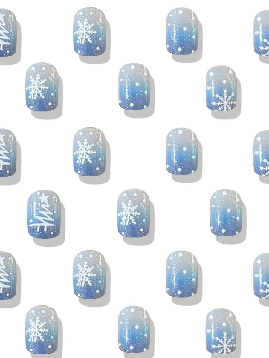 24pcs Short Red Christmas Press On Nails, Snowflake Glitter Design, Blue And Red Winter False Nails For Women, Easy To Apply Nail Supplies