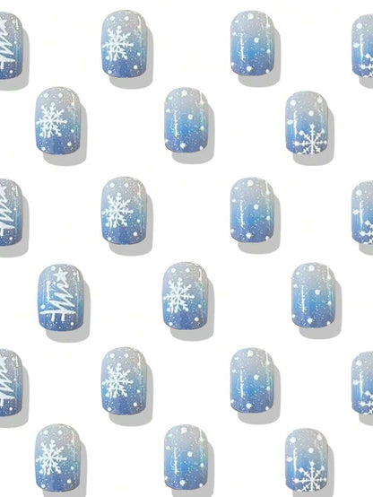 24pcs Short Red Christmas Press On Nails, Snowflake Glitter Design, Blue And Red Winter False Nails For Women, Easy To Apply Nail Supplies