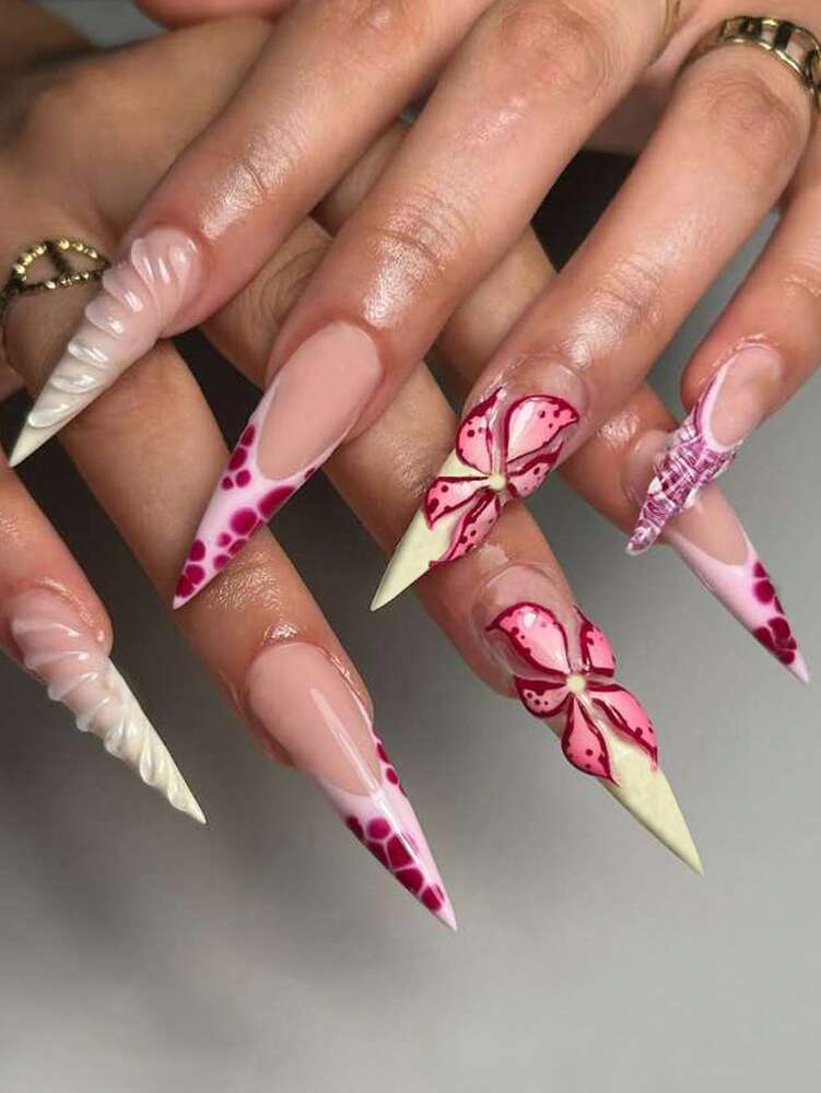 24pcs Long Stiletto French Press On Nails, White Red Cherry Pattern With 3D Bow And Pearl Decor, Romantic Bling Nail Set For Party Look