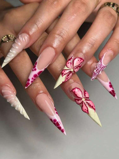 24pcs Long Stiletto French Press On Nails, White Red Cherry Pattern With 3D Bow And Pearl Decor, Romantic Bling Nail Set For Party Look