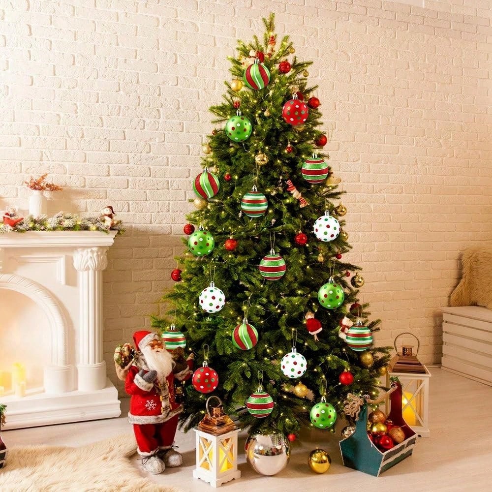 12/6pcs Glitter Christmas Ball Ornaments, Red & Green Swirl Candy and Peppermint Design for Festive Tree & Holiday Decor