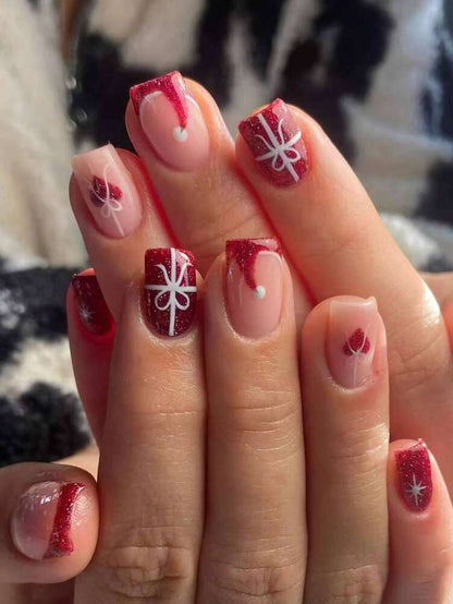 24pcs Christmas Press-On Nails, Short Square Snowman Design with Glitter French Tips, Acrylic False Nail Set with Jelly Glue & File for Holiday Wear