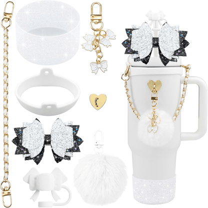 Bling Tumbler Accessory Set for 40oz/30oz Cups, Includes Silicone Bow Straw Topper, Leather Handle Strap & Decorative Charms