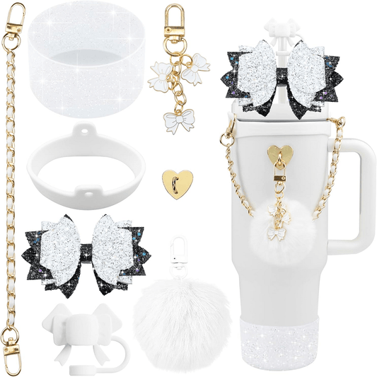 Bling Tumbler Accessory Set for 40oz/30oz Cups, Includes Silicone Bow Straw Topper, Leather Handle Strap & Decorative Charms