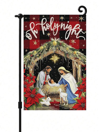 Christmas Night Garden Flag 12x18 inch, Double-Sided Linen Yard Flag with Jesus and Red Plaid Design, Festive Farmhouse Outdoor Winter Decoration