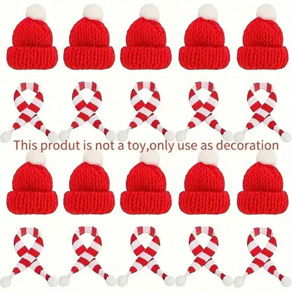 10pcs Mini Christmas Hat and Scarf Set, Knit Santa Doll Accessories for Bottle Caps, Table Decor, and Dollhouse Holiday Decorations