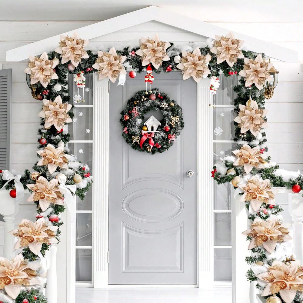 10-Piece Champagne Gold Poinsettia Set, Glitter Artificial Christmas Flowers for Tree, Wreath & Vase Decor, Elegant Holiday Home & Wedding Decorations