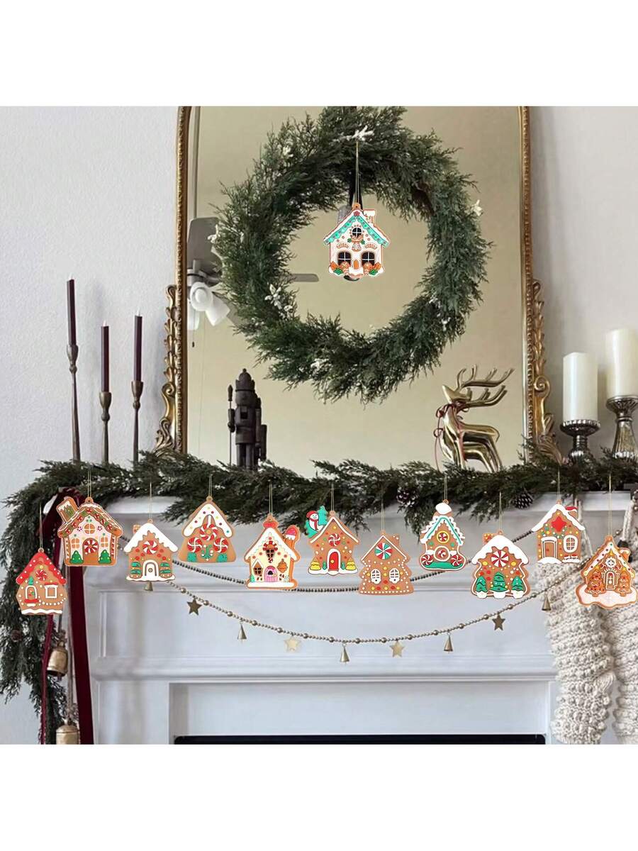 12pcs Gingerbread House Hanging Ornaments, Cute Christmas Tree Decorations for Home, Parties, and Holiday Gift Giving
