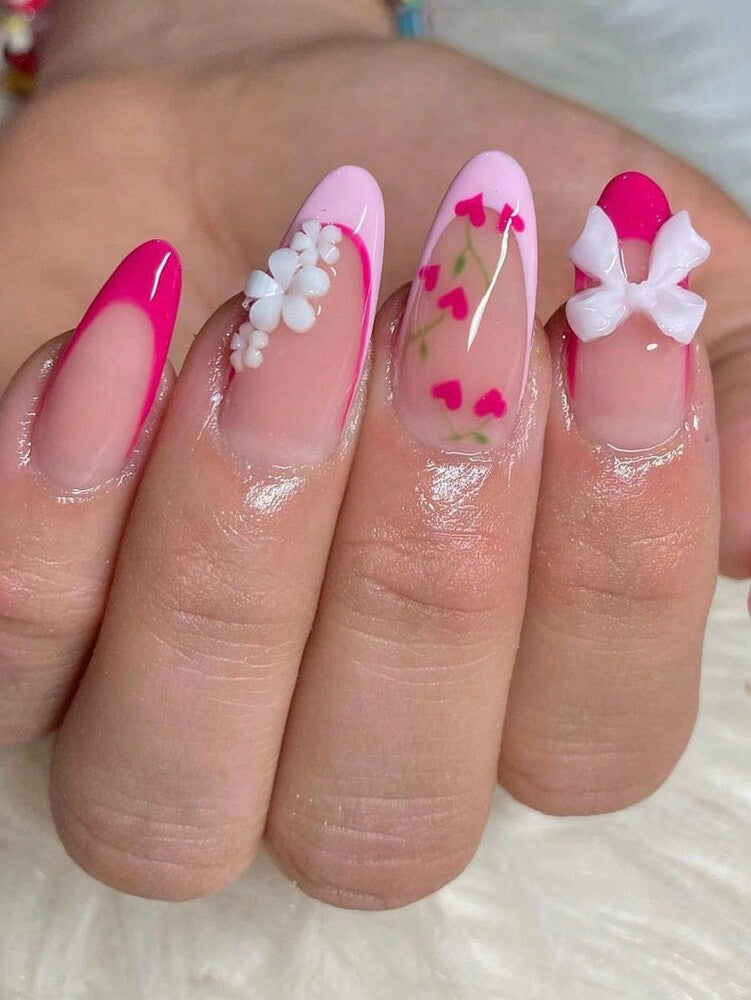 24pcs Long Ballet Christmas Press On Nails, White Snowflakes And Gingerbread Bow Design, 3D Acrylic False Nails For Women Holiday Gift