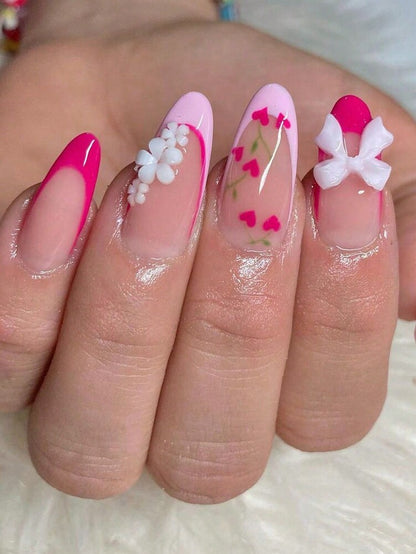 24pcs Long Ballet Christmas Press On Nails, White Snowflakes And Gingerbread Bow Design, 3D Acrylic False Nails For Women Holiday Gift