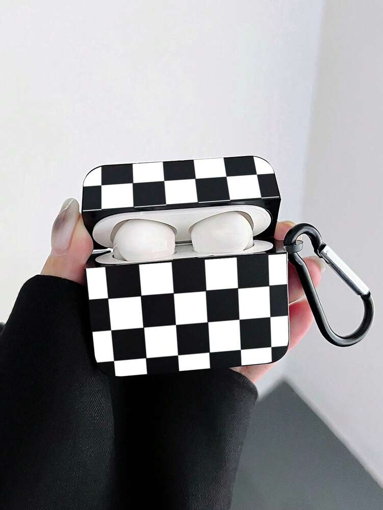 Checkerboard AirPods Case, Black Retro Check Cover with Metal Hook, Compatible with AirPods 1/2/3/Pro/Pro 2, Protective Stylish Design