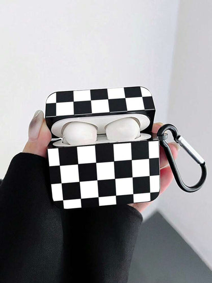 Checkerboard AirPods Case, Black Retro Check Cover with Metal Hook, Compatible with AirPods 1/2/3/Pro/Pro 2, Protective Stylish Design