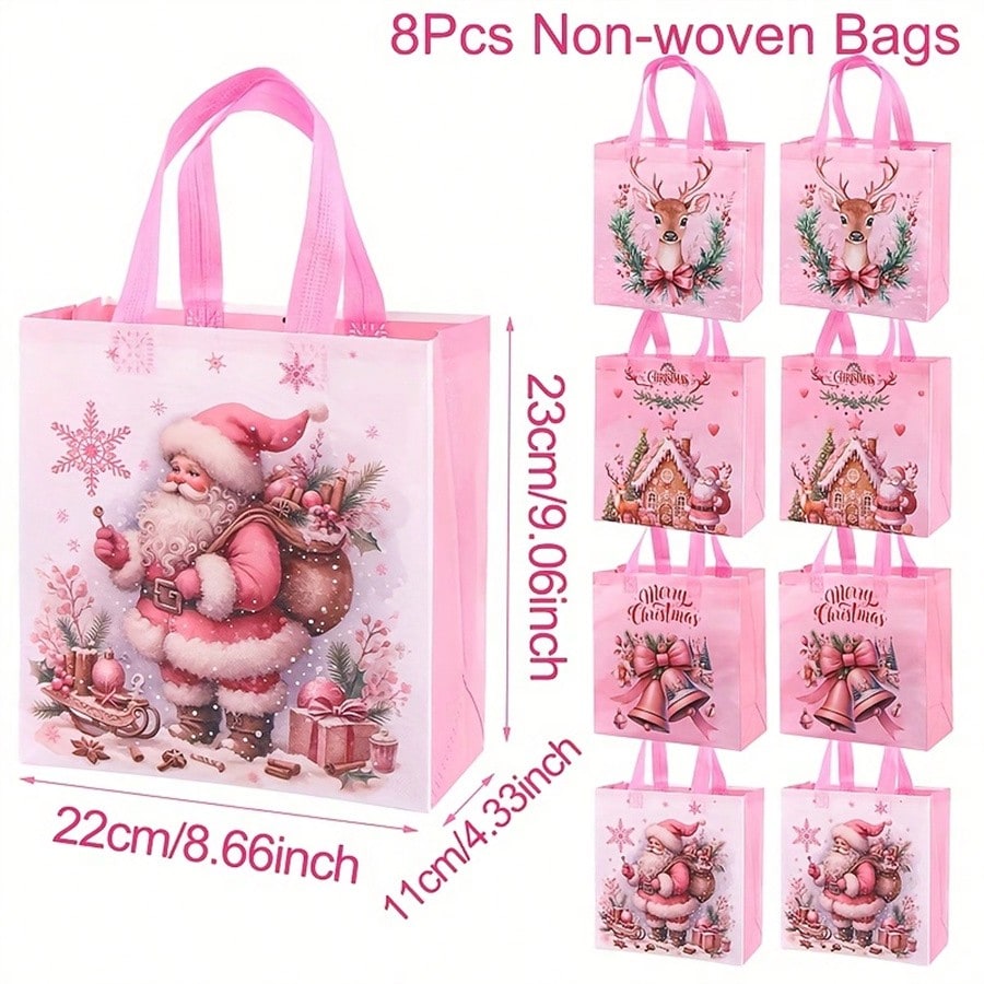8pcs Pink Christmas Tote Bags with Handles, Reusable Non-Woven Gift Bags with Santa, Elk & Bell Prints for Holiday Packaging & Festive Decor